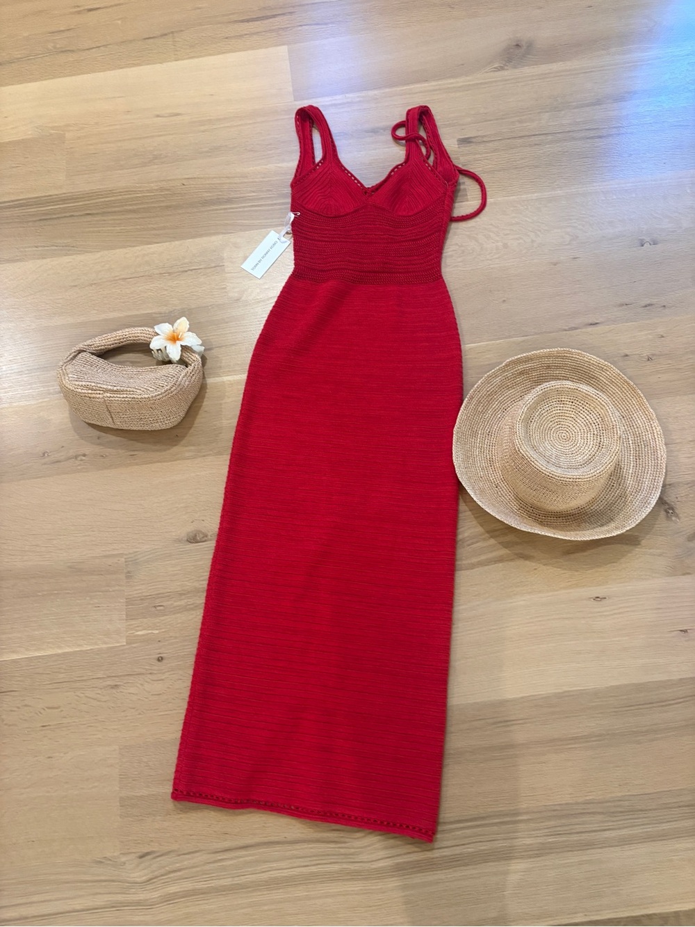 Torn by Ronny Kobo Scarlet Red Knit Maxi Dress with Tie Straps